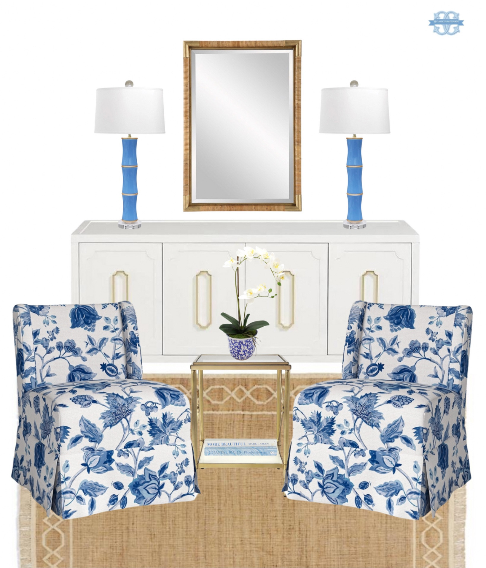 Coastal home inspo for a living room or sitting area!💙

Home Decor, Coastal Decor, Blue and White, Accent Chair, Rug, Sideboard, Mirror, Rattan

#LTKhome