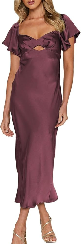 Summer Satin Flutter Sleeve Wedding Guest Dresses for Women Sweetheart Neckline Cutout Tie Back M... | Amazon (US)