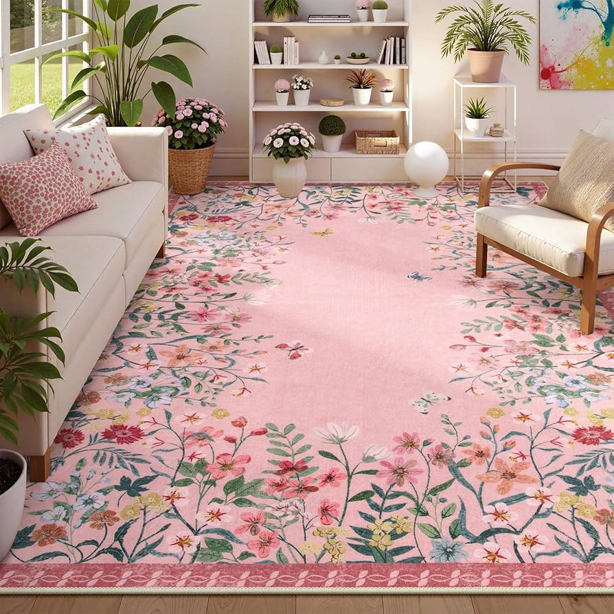 Lahome Boho Floral 8x10 Pink Rugs for Bedroom Girls, Non Slip Washable Nursery Rugs for Living Ro... | Amazon (US)