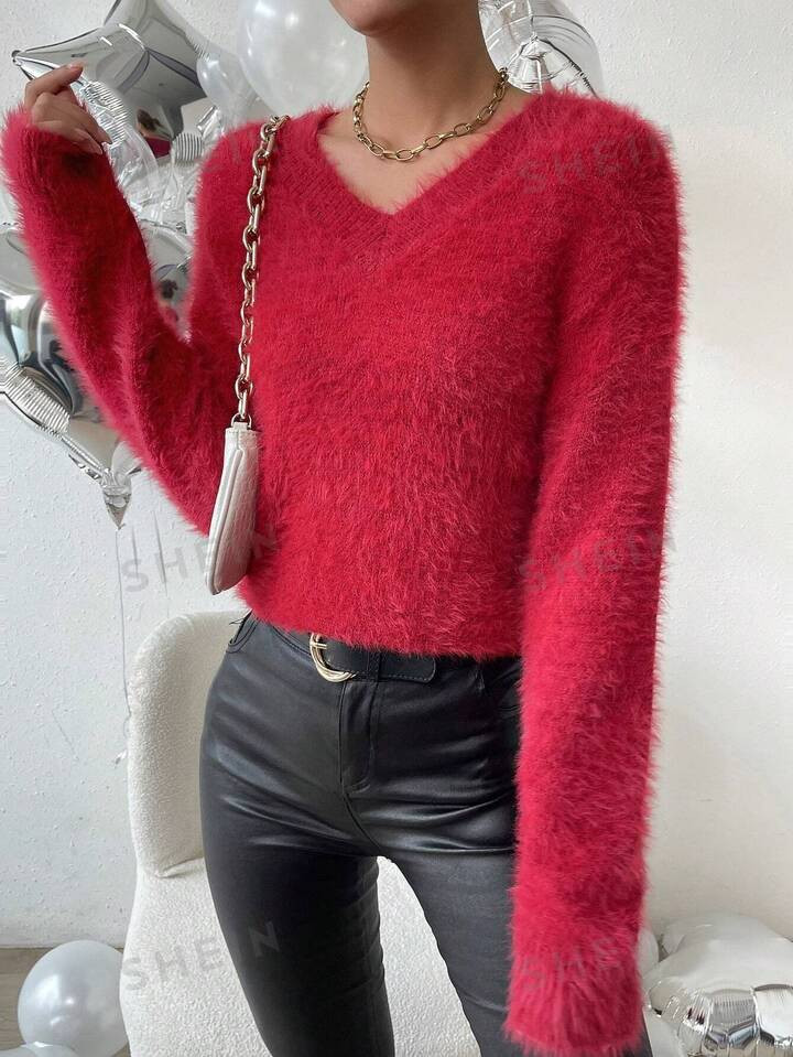 SHEIN Privé V Neck Fluffy Knit Drop Shoulder Sweater | SHEIN