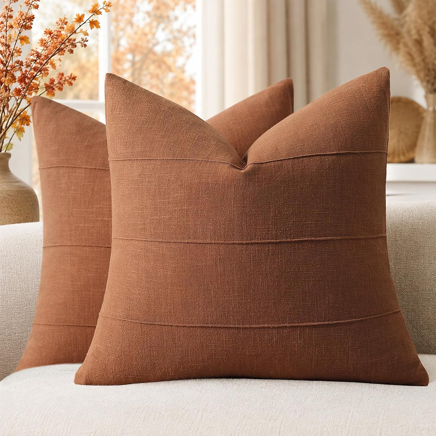 Decorative Linen Throw Pillow Covers 16x16 Set of 2 Solid Handcrafted Striped Cushion Covers for Bed Soft Modern Farmhouse Neutral Pillowcase for Couch Bedroom Living Room Home Decor(Rust) | Amazon (US)