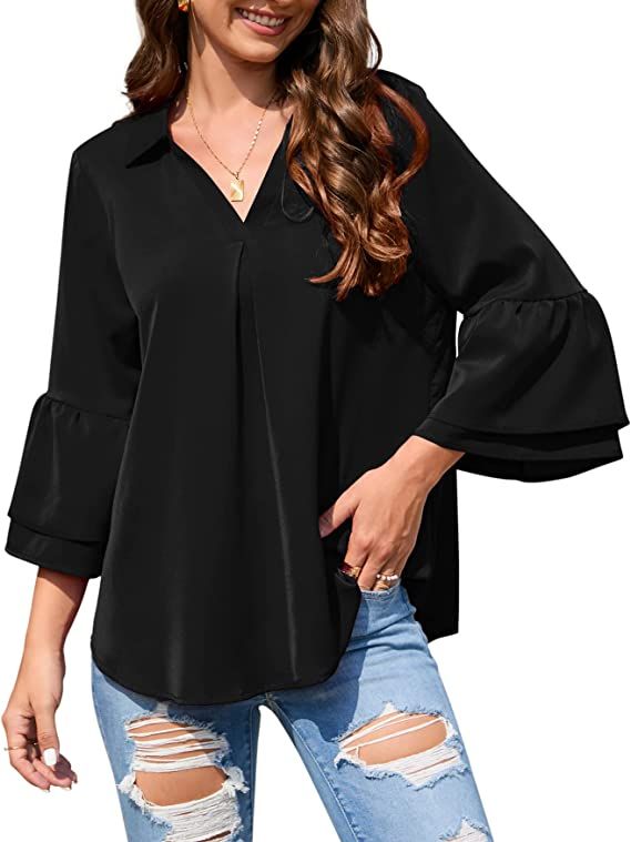 MISSKY Women's V Neck 3/4 Sleeve Casual Shirts Tops Business Tunic Blous for Women | Amazon (US)