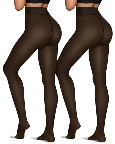 OEAK Womens 2 Pairs Fleece Lined Tights Leggings Sheer Fake Translucent Pantyhose Thermal High Waisted Footed Opaque Tights Black 300g S/M PLUS | Amazon (US)