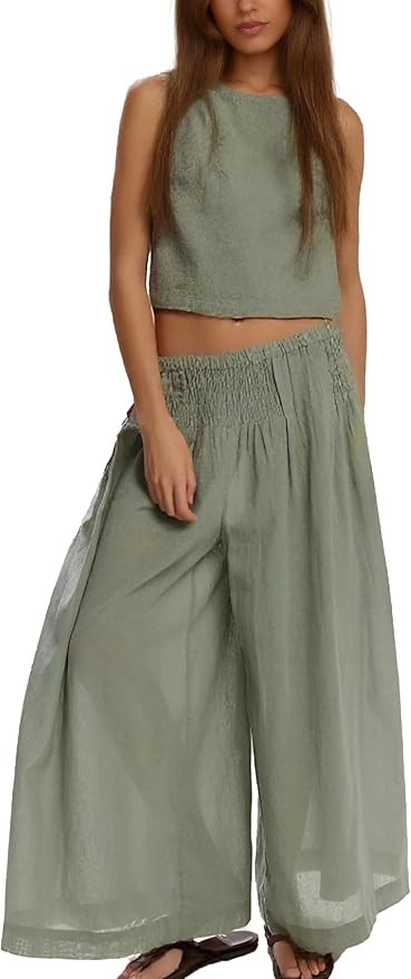 Women's Summer 2 Piece Outfits Linen Sleeveless Crop Top Palazzo Wide Leg Pants with Pockets Beac... | Amazon (US)