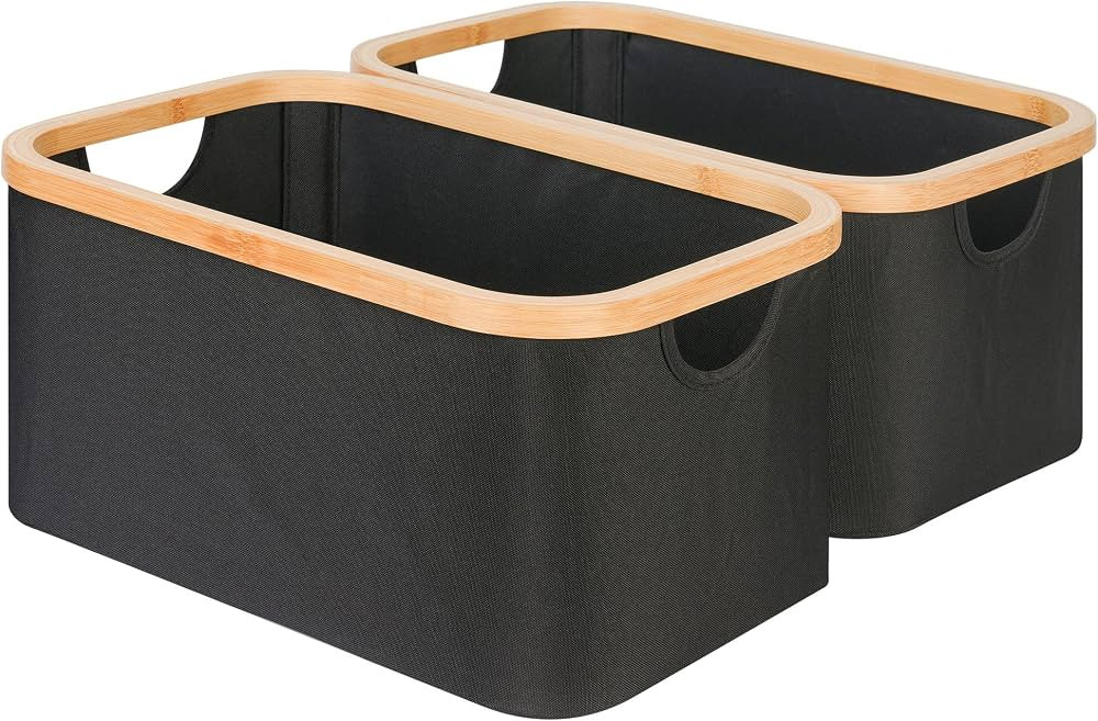 Storage Baskets for Organizing, Fabric Storage Bins with Bamboo Handles, Collapsible Storage Bask... | Amazon (US)