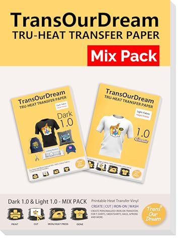 TransOurDream Tru-Heat Transfer Paper for Dark and Light Fabric (15+15 Sheets, 8.5x11", Mix Pack) Printable HTV Heat Transfers Vinyl for Inkjet Printers Iron on Transfers for T Shirts | Amazon (US)