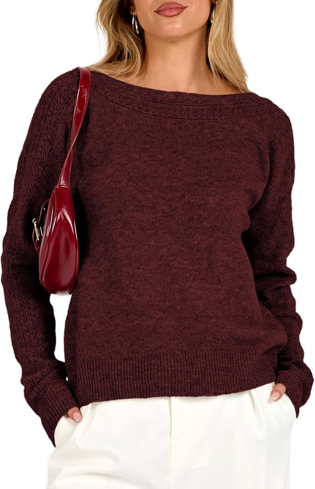 Caracilia Womens Long Sleeve Lightweight Fall Sweaters Boat Neck | Amazon (US)