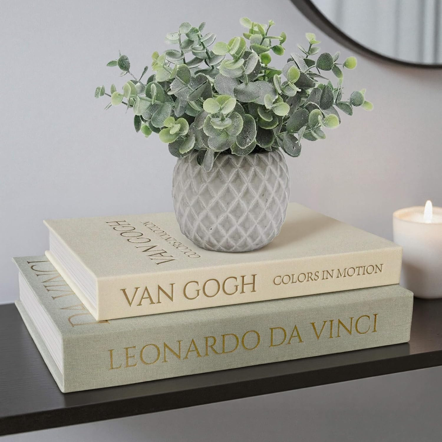 MAOBUYOU Decorative Storage Books Set of 2, Linen Cover, Gold Letters, White and Green | Amazon (US)