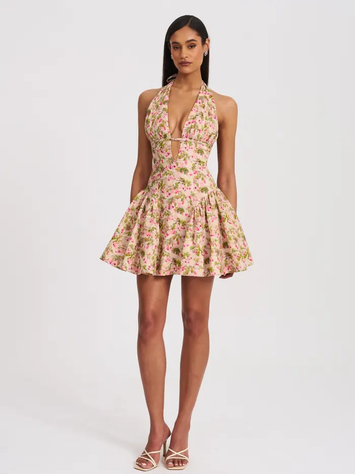 Mackenzie Floral Print Halter Linen Mini Dress Pink Floral Dress Pink and Green Floral Dress Outfit | Nordstrom