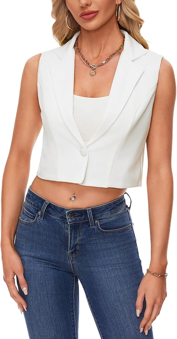 Women's Sleeveless Crop Blazer Vest Notched Lapel Button Front Jacket Blazers Casual Work Office ... | Amazon (US)