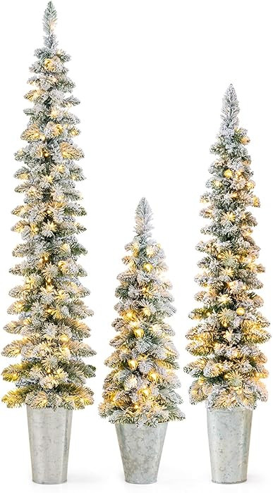 GOFLAME Set of 3 Pre-Lit Potted Christmas Trees, Snow Flocked Pencil Christmas Tree Set 3Ft, 4Ft ... | Amazon (US)