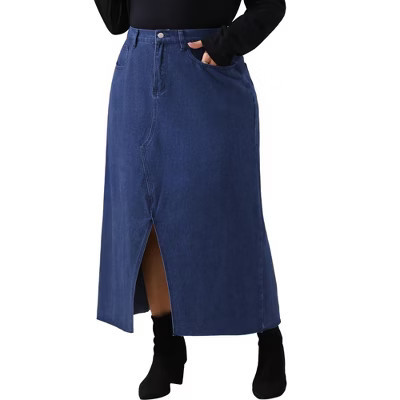 Agnes Orinda Women's Plus Size Casual High Waisted Front Slit Stretch Maxi Denim Skirts Dark Blue 4X | Target