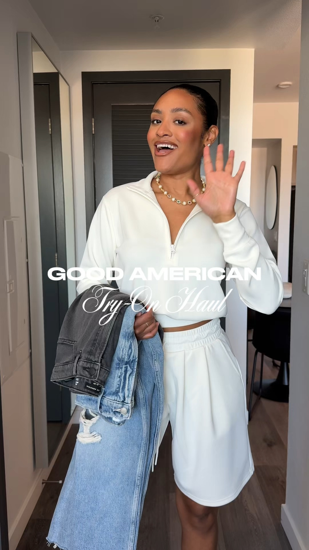 Wearing a size 4 in the denim and smalls in the set! 