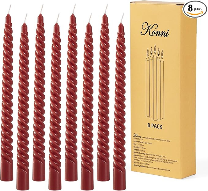 KONNI 0.87×10 Inch Dark Red Spiral Taper Candle, Unscented and Smokeless Tall Candlesticks, 8 Pa... | Amazon (US)