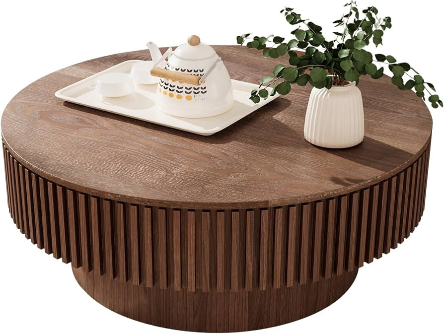 31.5'' Round Coffee Table for Living Room, Fluted Coffee Table with Hidden Storage, Solid Wood Ve... | Amazon (US)