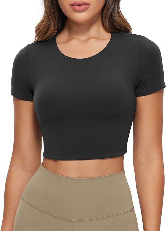 CRZ YOGA Womens Butterluxe Double Lined Short Sleeve Crop Tops Crew Neck Casual Workout T-Shirt C... | Amazon (US)