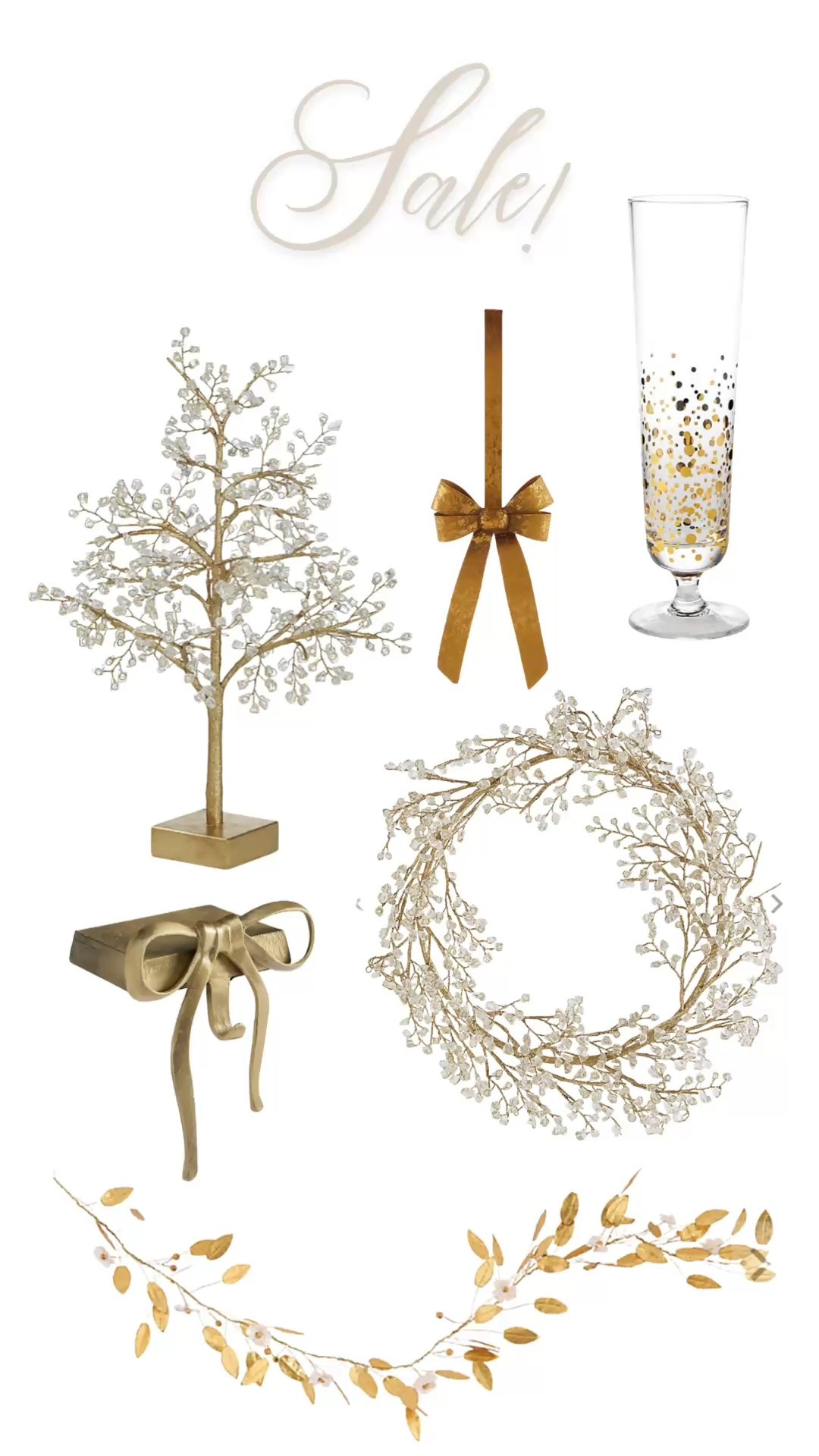 Christmas decor on sale! 
Crystal wreath, crystal tree, bow stocking holder, gold bow wreath hanger, champagne flute 