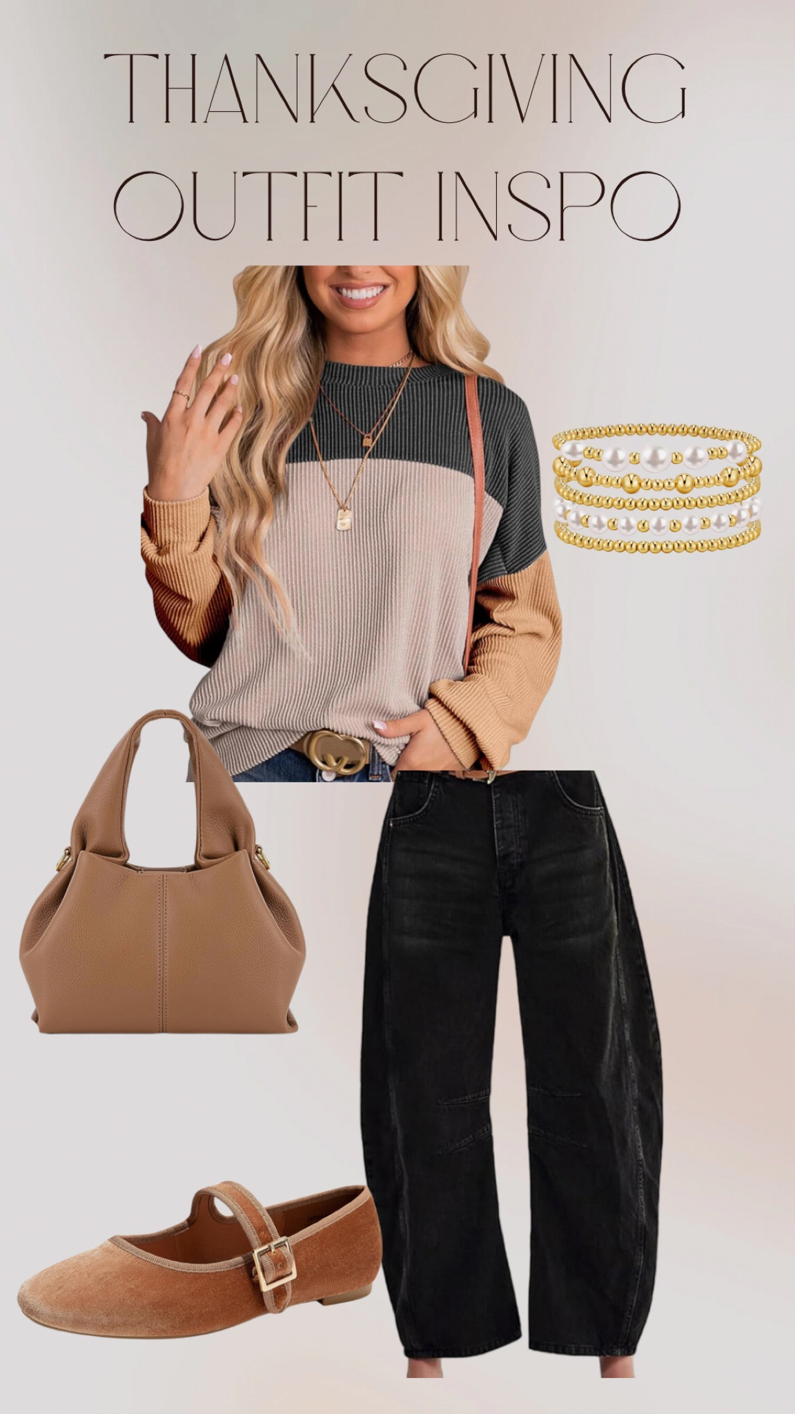 Thanksgiving outfit inspo🤎 shop my outfit picks all from Amazon, head to toe Amazon with color block sweater, black barrel jeans, camel bag, gold beaded bracelets, velvet ballet flats🩰

#LTKSeasonal #LTKStyleTip #LTKHoliday