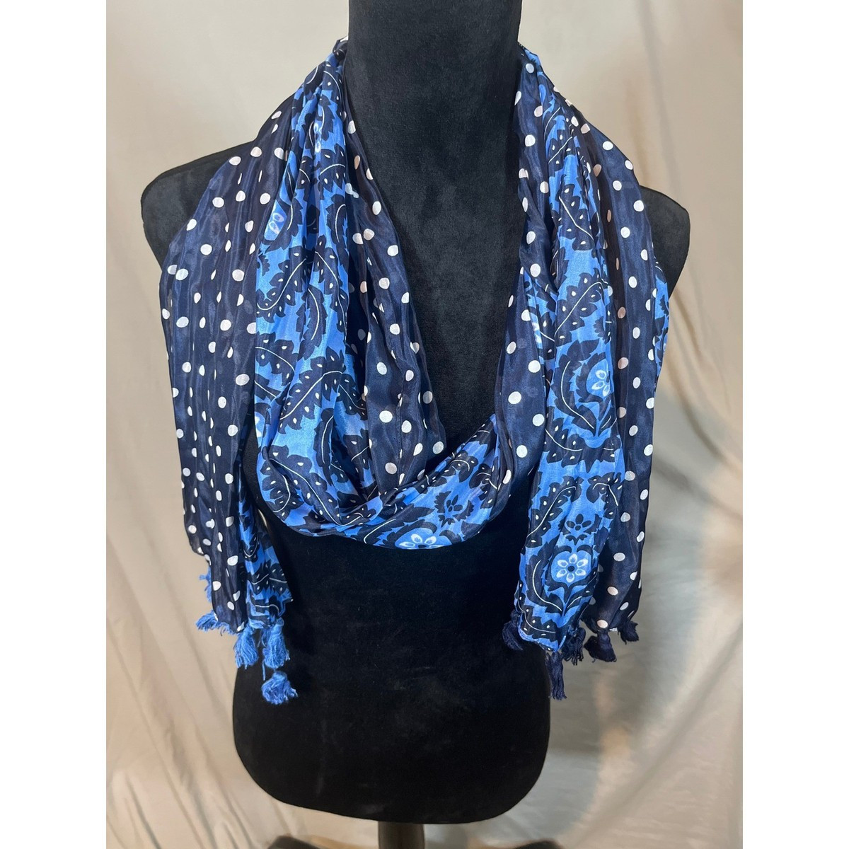 Womens Blue Mixed Print Scarf Polka Dot Paisley Floral Tassel Trim Lightweight | eBay US