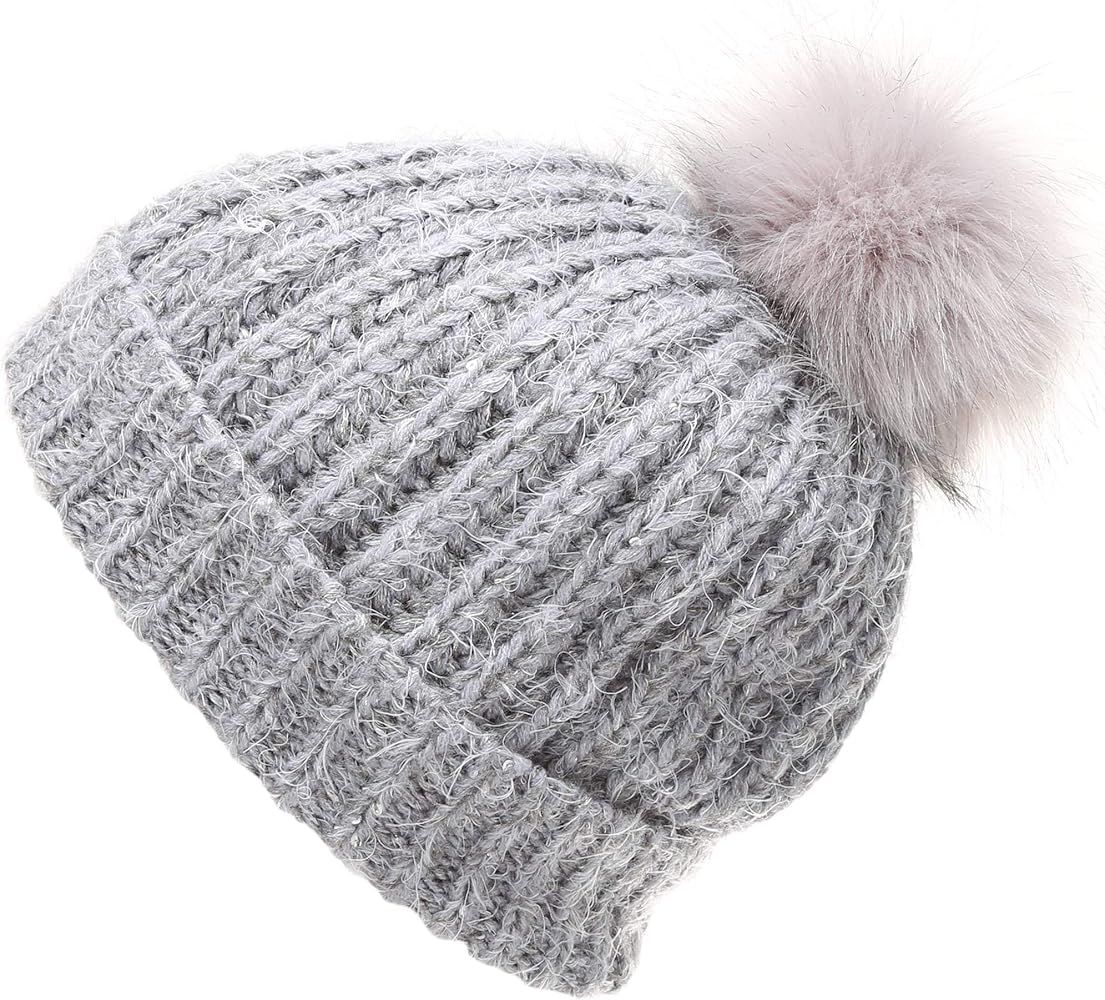 Women’s Soft Chunky Scattered Sequin Fuzzy Cable Knit Faux Pom Pom Beanie hat with Sherpa Lined | Amazon (US)