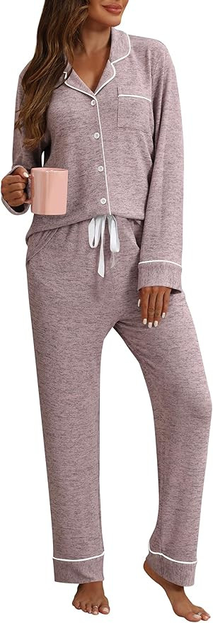 Pajamas For Women Set 2 Piece Pjs Set Long Sleeve Button Up Lounge Set Sleep Wear With Pockets | Amazon (US)