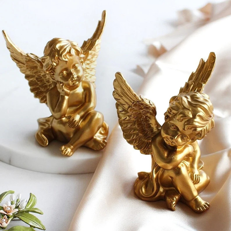 SET of 2 Gold White Cute Angel Figurine Handmade Sculpture for Home Decor Gift Collectible Decora... | Etsy (US)