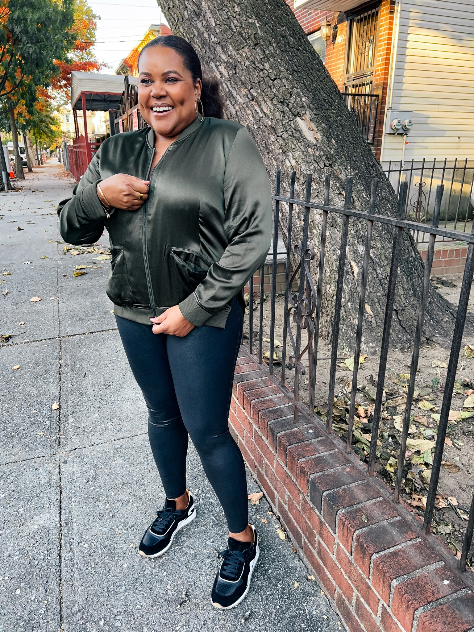 Fall outfit inspo. FINAL SALE Satin Bomber Jacket in Nori by Universal Standard (16) Faux Leather Leggings by Spanx (2X) runs small, black suede sneakers by The Office of Angela Scott. Midsize style inspo.

#LTKStyleTip #LTKSeasonal #LTKMidsize