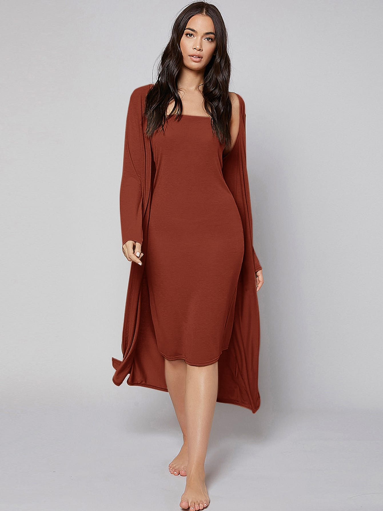 Solid Bandeau Dress & Robe Lounge Set | SHEIN