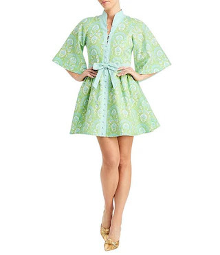Carmen Trellis Print Linen Blend Mandarin Collar 3/4 Butterfly Sleeve Tie Waist Mini Dress | Dillard's