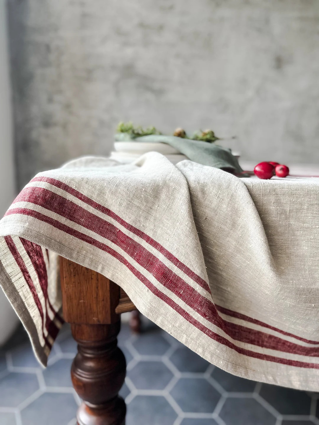 Rustic natural linen tablecloth in blue,black, green and red stripes/grain sack linen tablecloth/... | Etsy (US)
