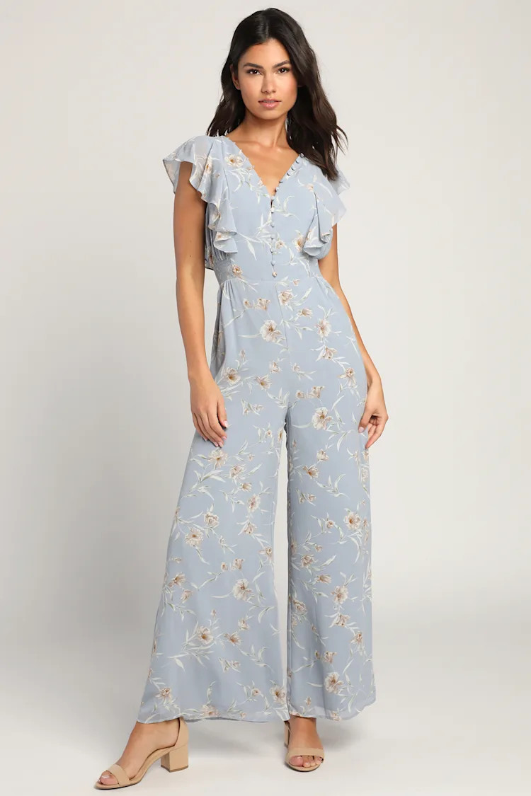Dreamy Daytime Blue Floral Print Ruffled Wide-Leg Jumpsuit | Lulus (US)