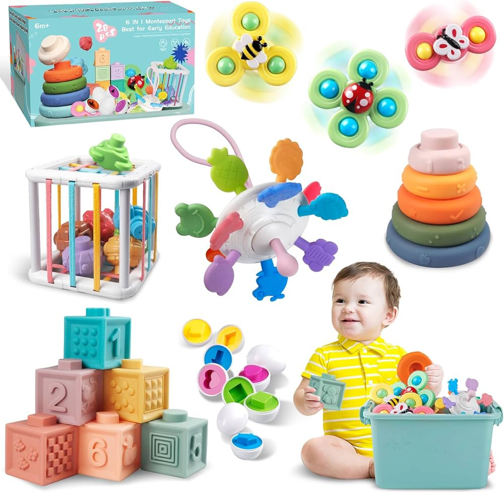 Baby Toys for 6 to 12 Months, Montessori Sensory Bins & Teething Toys, 6 in 1 Stacking Blocks, Ri... | Amazon (US)