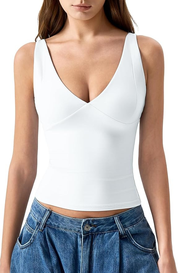 QINSEN Womens Double Lined Tank Tops Sexy V Neck Seamed Cup Adjustable Spaghetti Straps Camisole ... | Amazon (US)