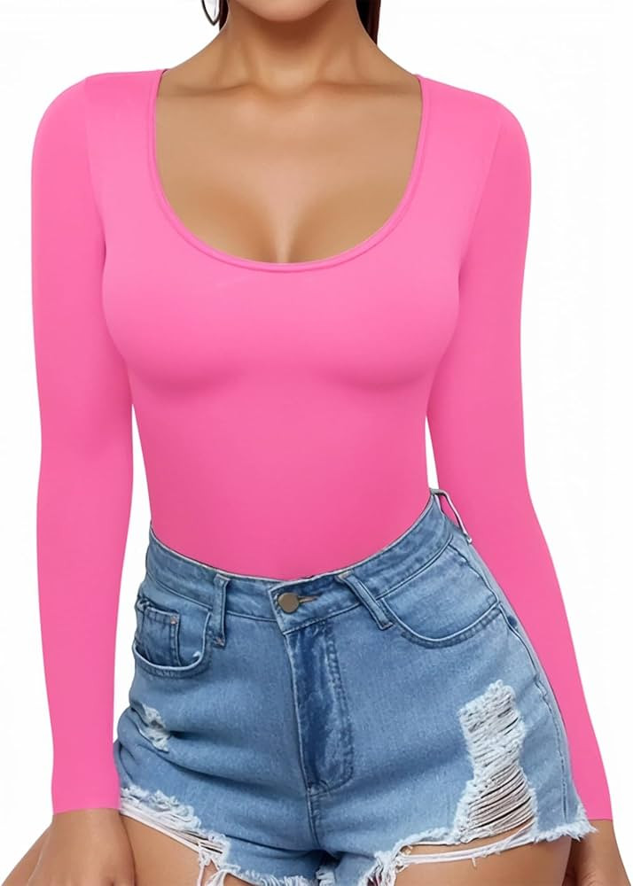 MANGOPOP Women's Scoop Neck Long Sleeve Slim Fit T Shirt Tunic Tops Tee | Amazon (US)