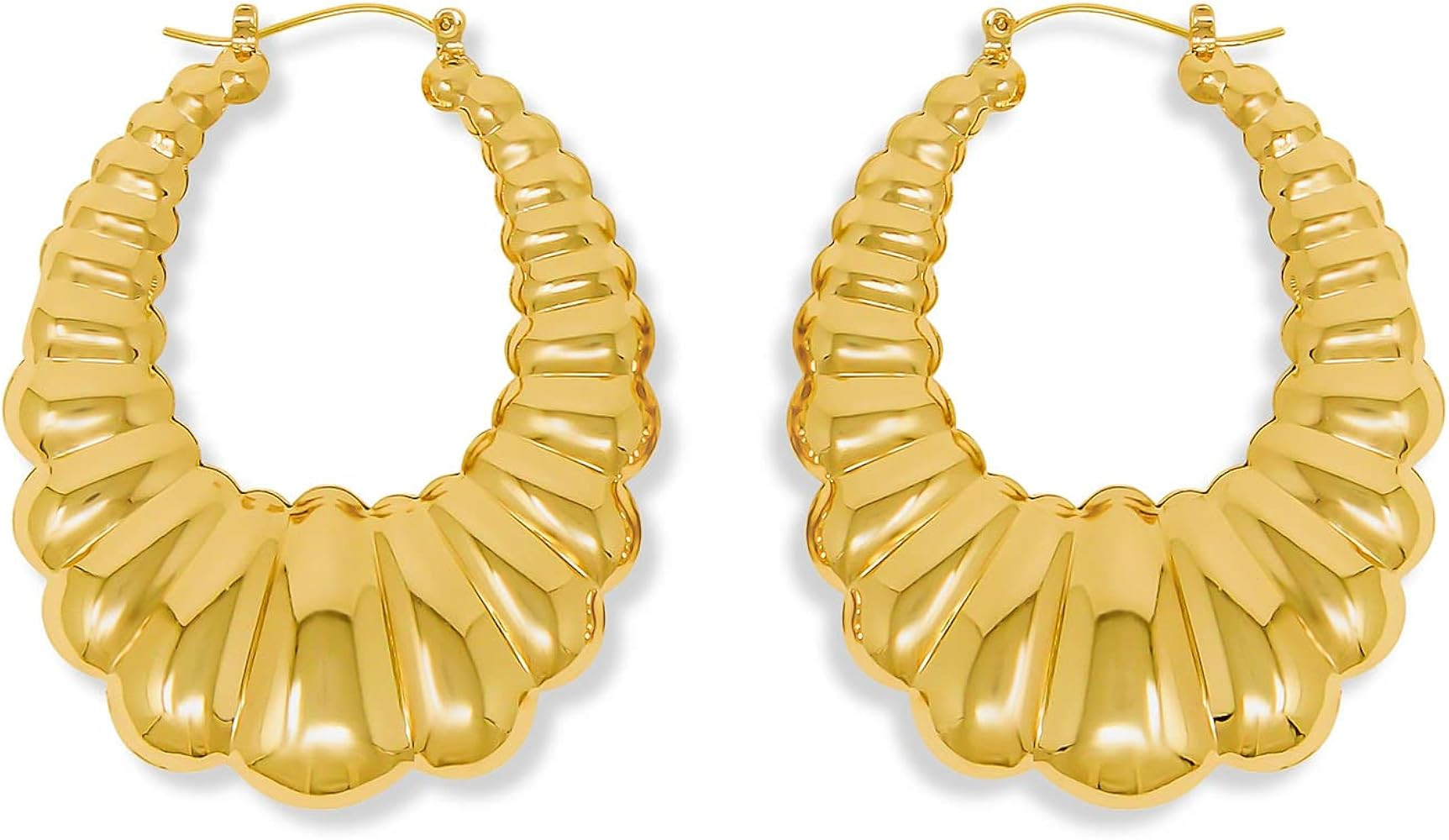 Gold Plated Hoop Earrings for Women – 2 Inch Oval Shaped Shrimp Puffy Scalloped Door Knocker St... | Amazon (US)