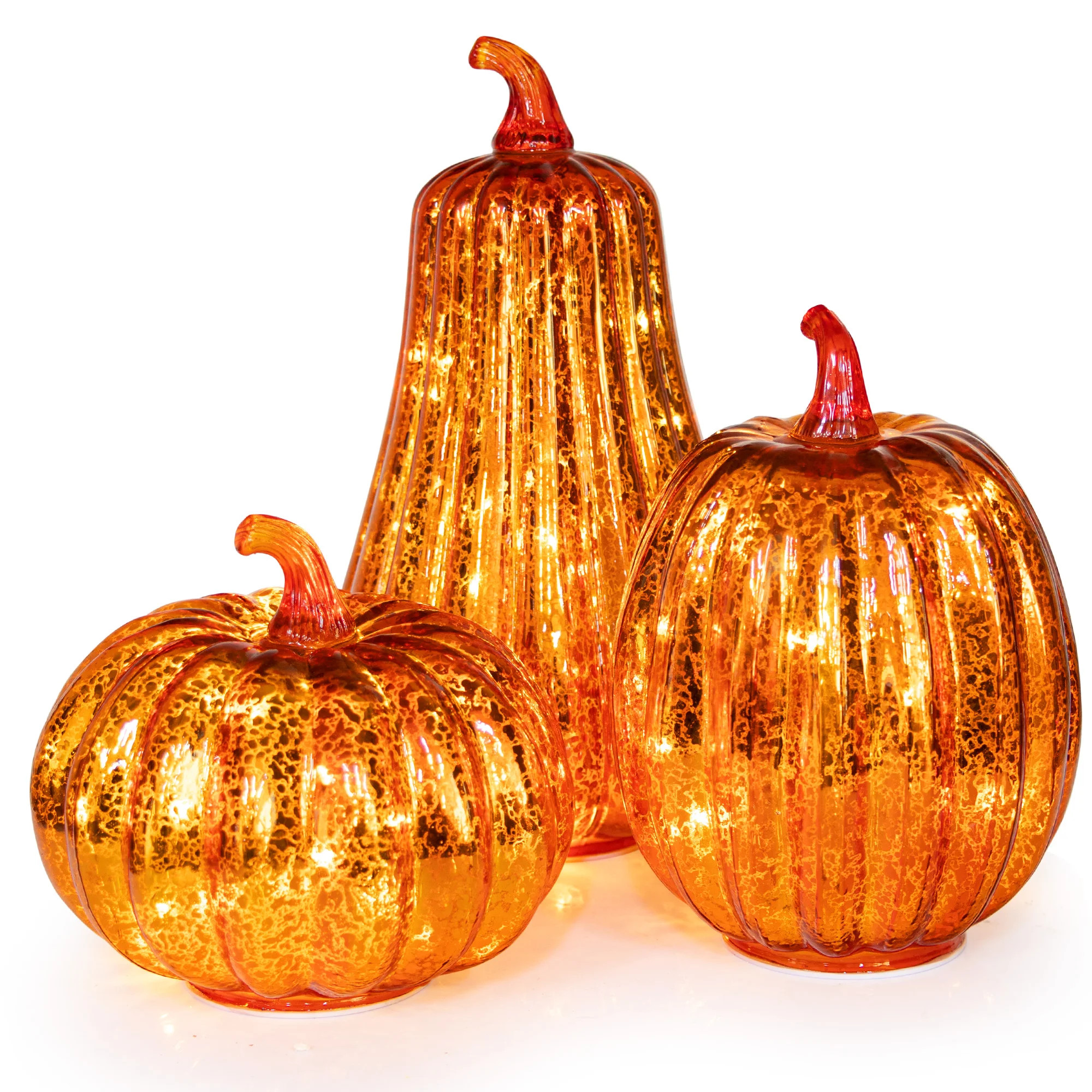 Set Of 3 Lighted Mercury Glass Pumpkins With Acrylic Stem For Thanksgiving Autumn Fall Harvest Decorations Battery Operated | Wayfair North America
