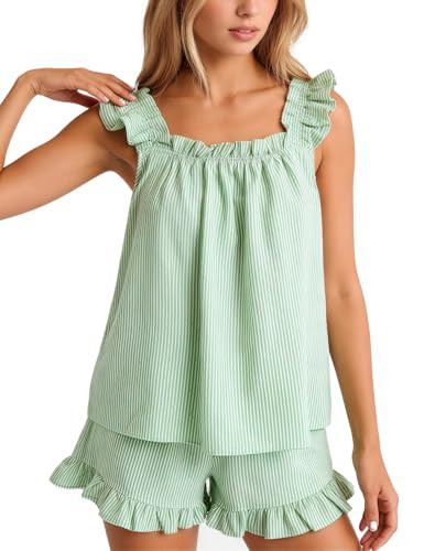 Flygo Striped Pajamas Set for Women Cotton 2 Piece Lounge Sets Ruffle Cami Top and Shorts Cute Su... | Amazon (US)