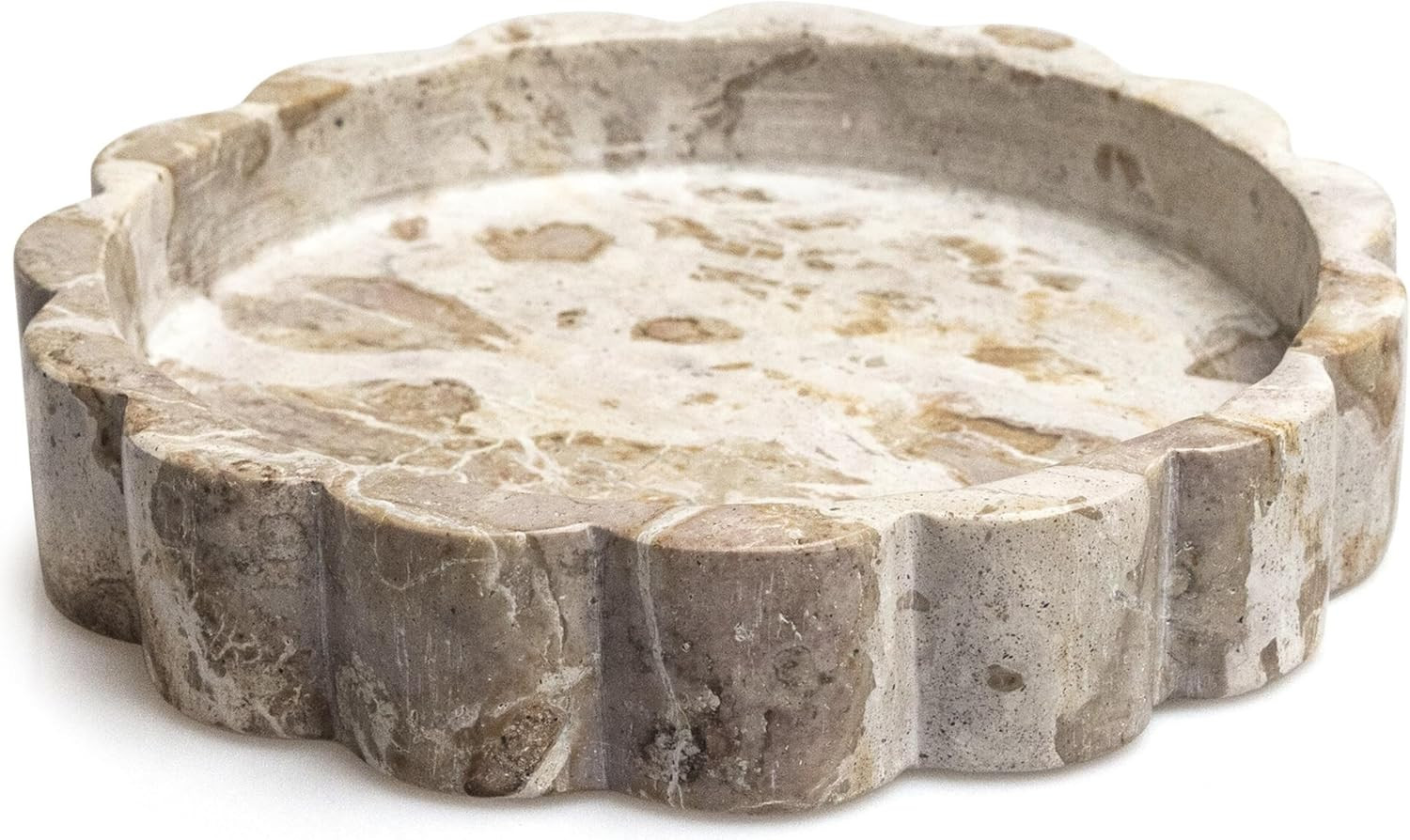 Beige Scalloped Marble Tray - 8 Inch Round Stone Vanity Tray for Perfume & Jewelry, Marble Dish for Bathroom Countertop & Kitchen Counter, Brown Decorative Tray for Bathroom & Kitchen, Modern Catchall | Amazon (US)