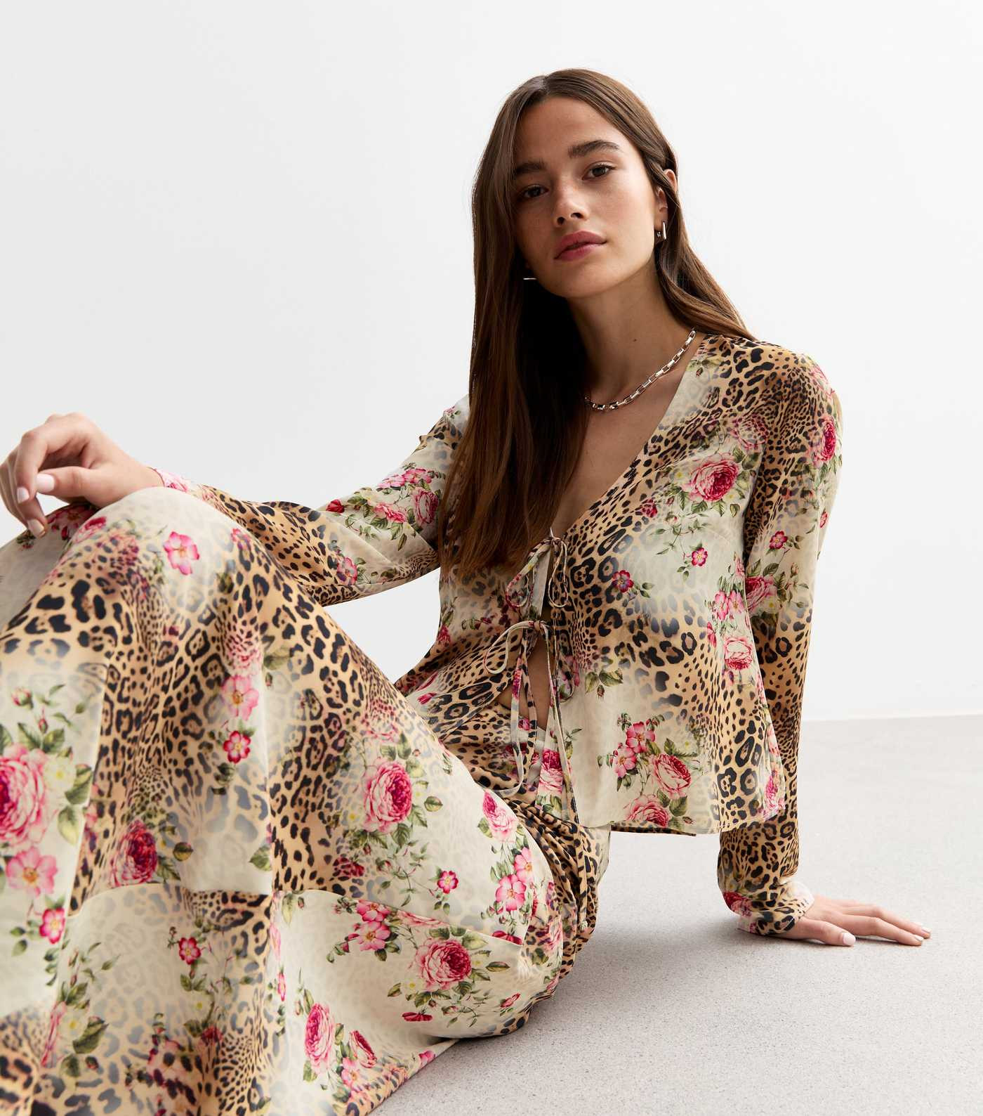 Brown Rose Leopard Print Tie Front Top  | New Look | New Look (UK)