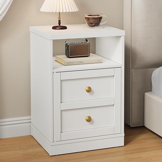 RoyalCraft White Nightstand with Storage Shelf and Door, Faux Two-Drawer Design Side Table, Moder... | Amazon (US)