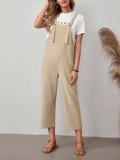 EMERY ROSE Solid Button Detail Overall Jumpsuit | SHEIN