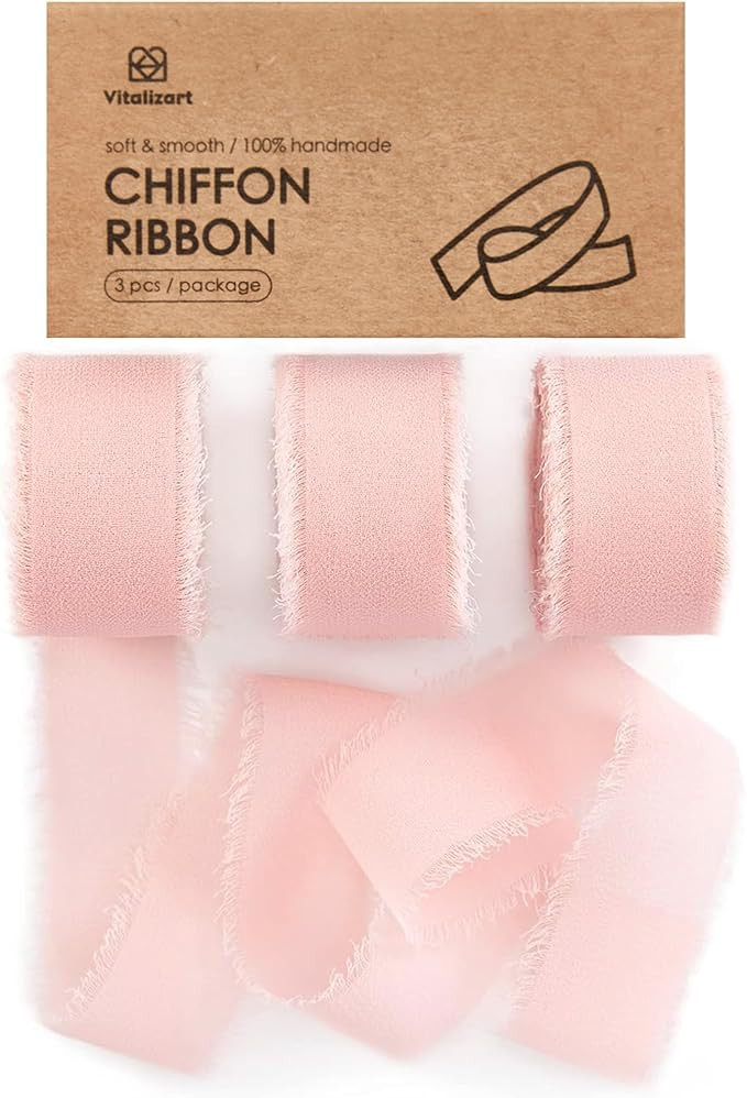 Vitalizart Blush Pink Chiffon Silk Ribbon 1" x 21 Yd Fringe Fabric Package (3 Rolls * 7 Yd) for W... | Amazon (US)