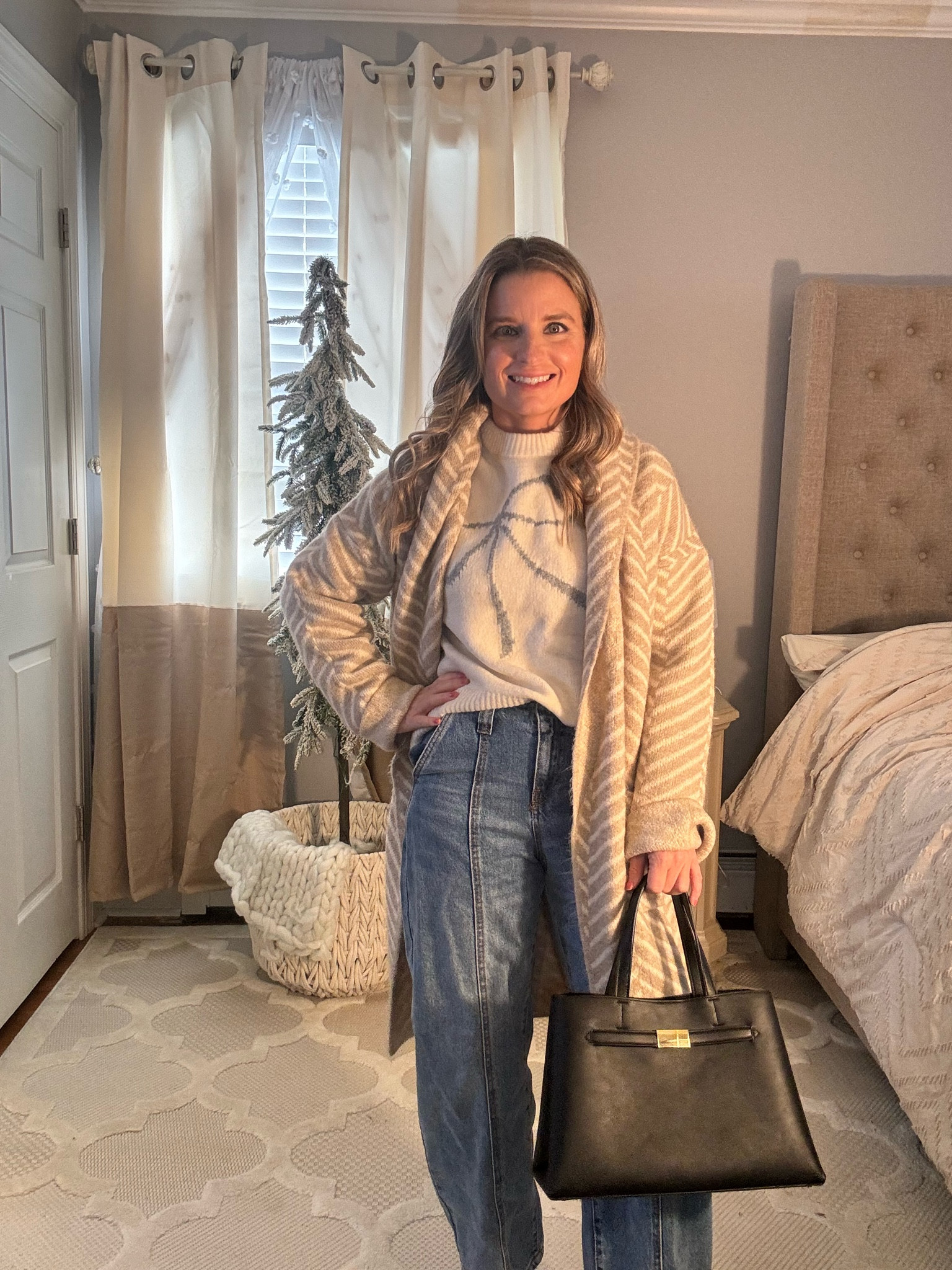 Holiday bow sweater, cardigan and denim petite friendly jeans! 

#LTKFindsUnder50 #LTKStyleTip #LTKHoliday