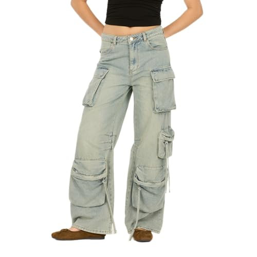 Forever 21 Women’s Cargo Jeans – Wide-Leg Denim with Oversized Utility Pockets and Drawstring Details, Green, 0 | Amazon (US)