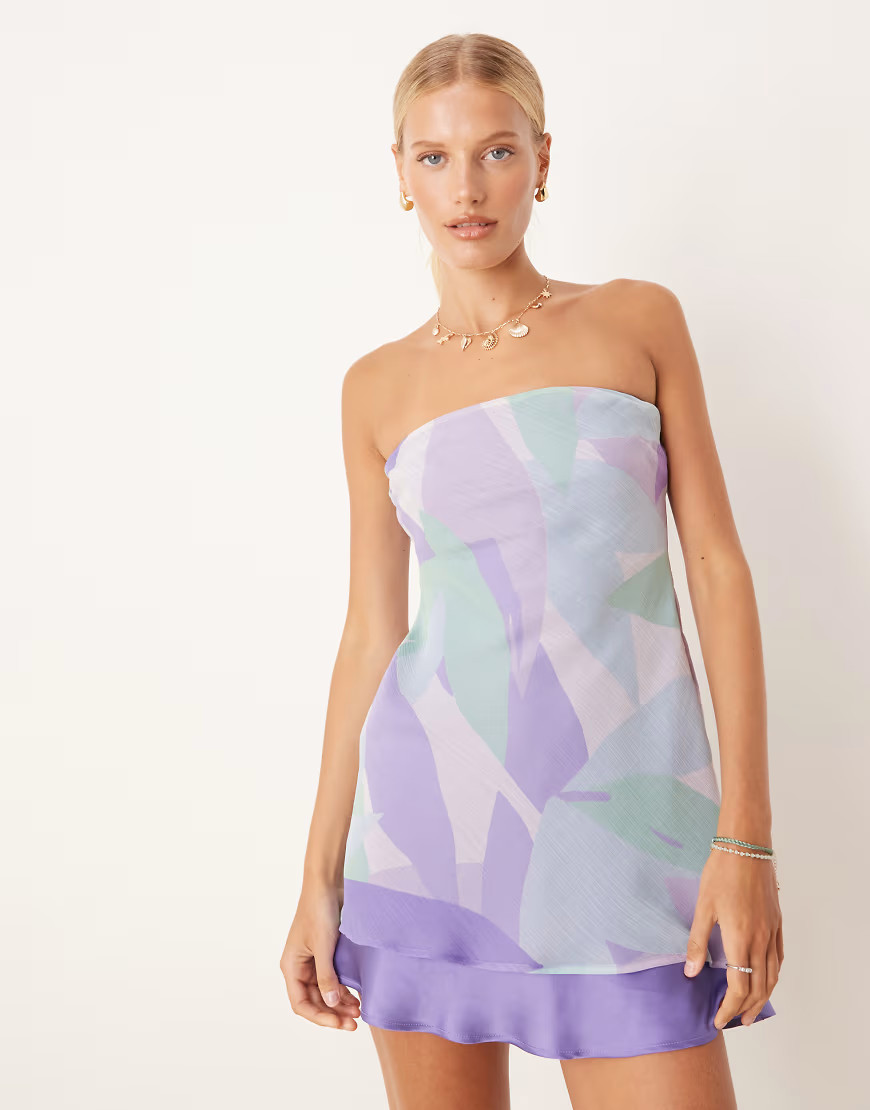 ASOS DESIGN double layer bandeau mini dress in purple abstract-Multi | ASOS (Global)