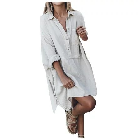 sebulube tru dresses for Women Casual Fashion Loose Solid Color Cotton Linen Lapel Shirt Dress (Whit | Walmart (US)