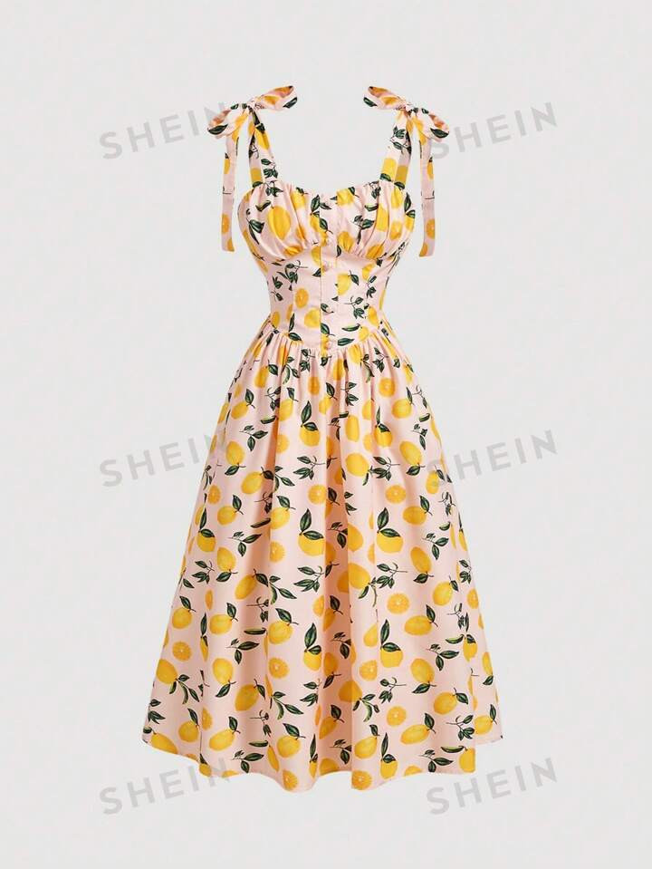 SHEIN MOD Women's Lemon Print Tie Waist Halterneck Sundress For Summer Vacation | SHEIN EUR | SHEIN