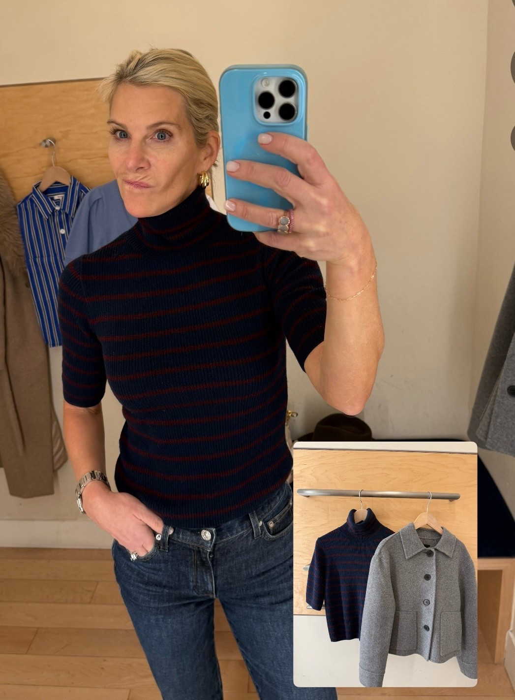 Must have items from Madewell and AYR!  I love a short sleeve turtleneck with a cute cropped wool jacket.  Pairing with a pair of dark rinse straight leg jeans ✅

#LTKSaleAlert #LTKOver40 #LTKootd