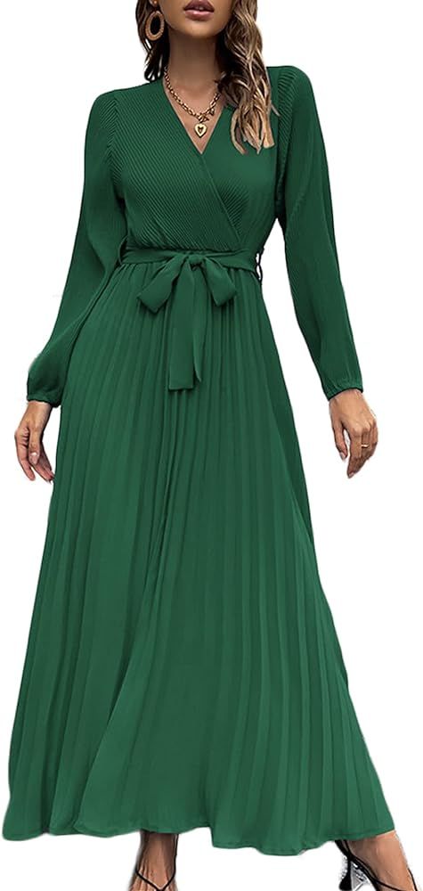SDEER Womens Casual Dress V Neck Long Sleeve A Line Pleated Dress Tie Waist Solid Flowy Dress for... | Amazon (US)