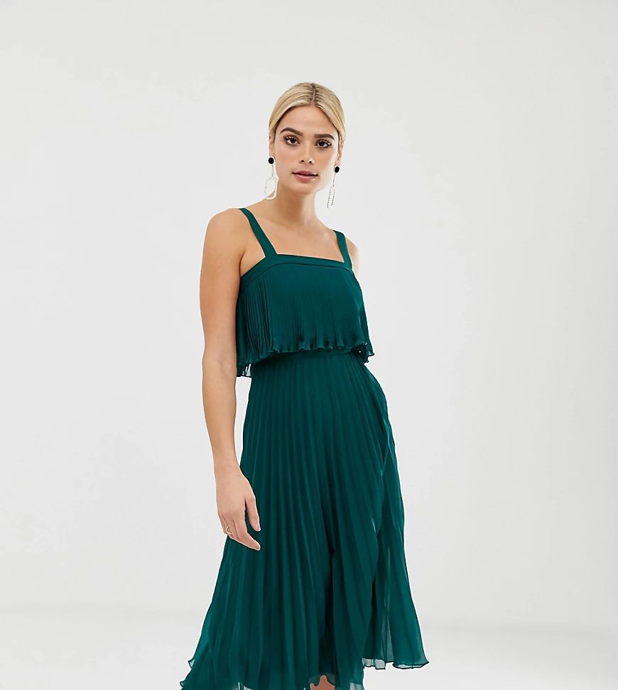 ASOS DESIGN Tall double layer pleated cami midi dress-Green | ASOS (Global)